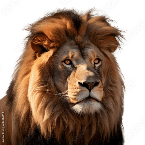 Close up of adult lion looking at the camera  Panthera leo  isolated on white