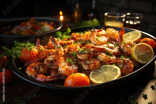 A chef cooking shrimp in a restaurant kitchen.Generated with AI