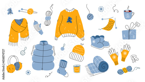 Winter warm and knitted clothes set cold weather with holiday decor. Sweater, scarf, knitted hat and mittens, down vest, boots, hot drink and yarn. Doodle hand drawn style elements on white background