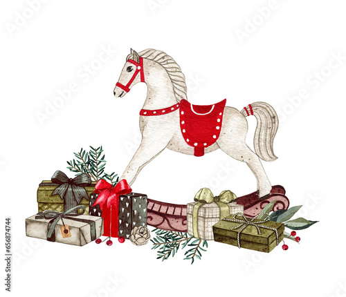 Watercolor christmas rocking horse kid toy with gift boxes illustration isolated on white background