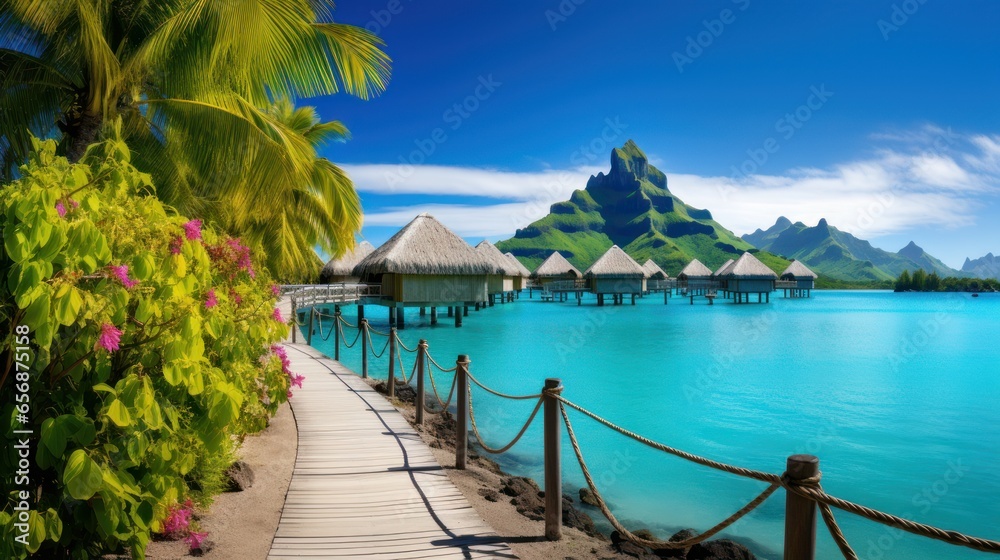 Quiet and calm lagoon on the island with crystal clear, azure water bungalows over the water and palm trees.