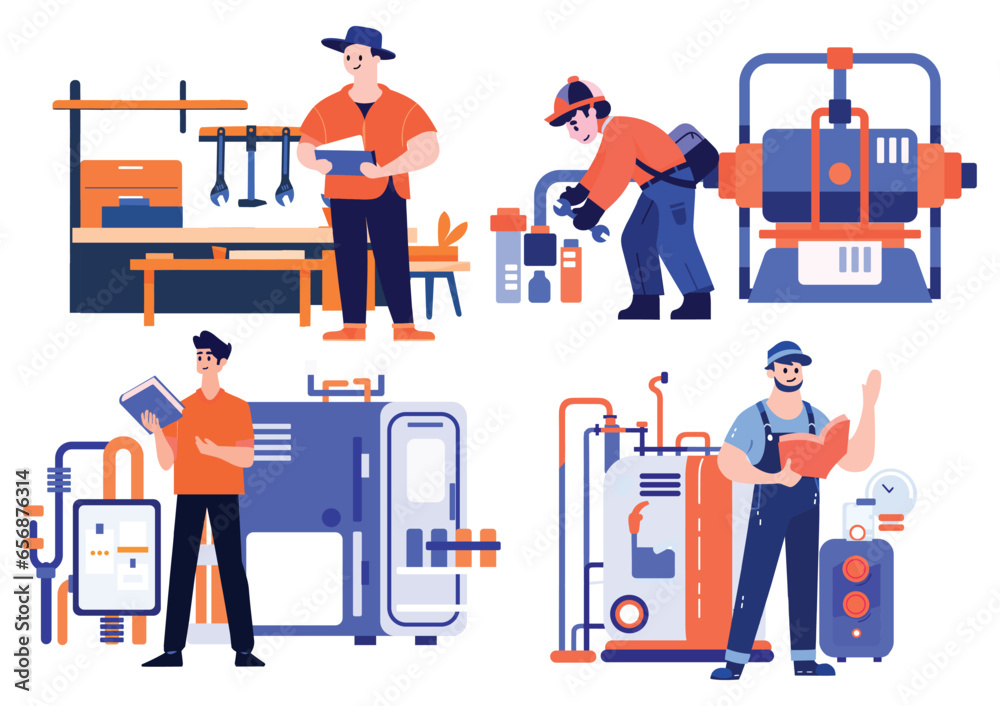 Hand Drawn Technician or engineer with engine in factory in flat style Hand Drawn Technician or engineer with engine in factory in flat style