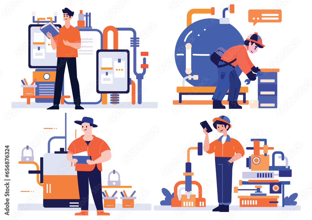 Hand Drawn Technician or engineer with engine in factory in flat style