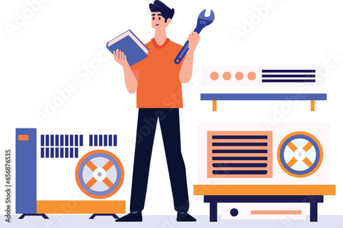 Hand Drawn Air conditioner repair technician in flat style