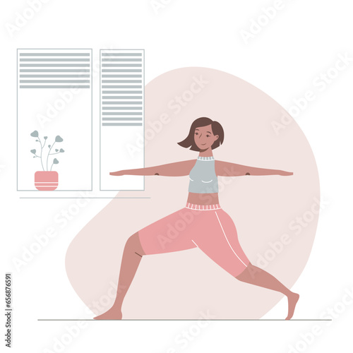 Cute cartoon young woman doing yoga asana. Pretty plump girl training at home. Vector illustration.