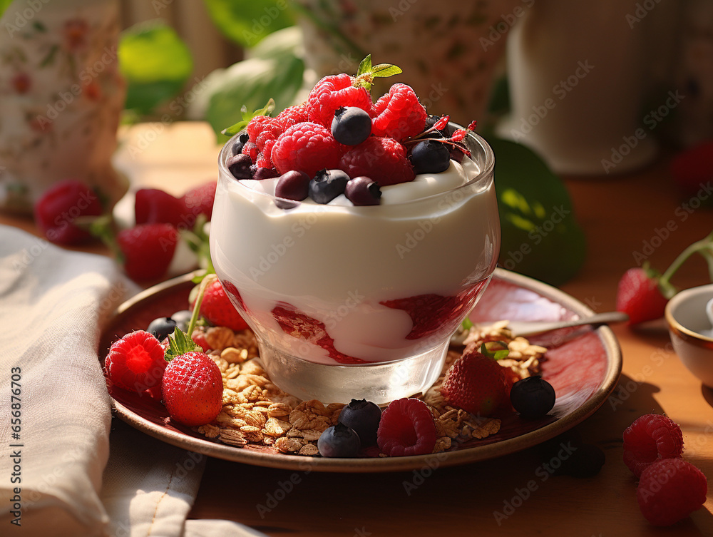 Muesli with yogurt and fresh berries on a neutral background. Muesli with yogurt and fresh berries on a neutral background.