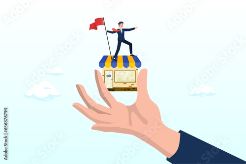 Success businessman holding winner flag on small store in giant hand, small business idea, successful entrepreneur with small retail shop or storefront, shop owner or merchandise opportunity (Vector)