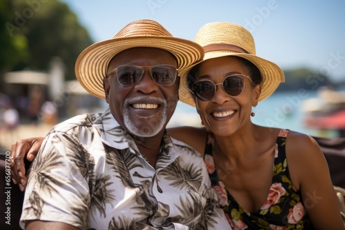 Happy african american bearded senior man embracing mature woman sitting on beach in summer