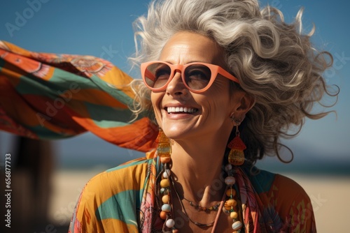 Laughing elderly woman in a sundress and sunglasses sits on a sandy seashore. Happiness, positive, vacation at the resort and an active lifestyle.