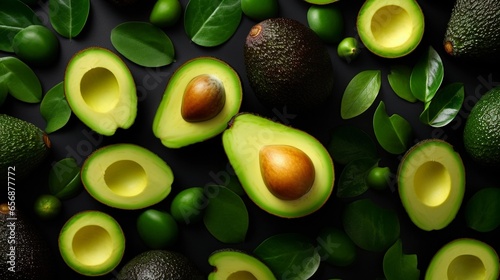 A visually appealing composition featuring slices of ripe avocados arranged artistically, with space for text, background image, AI generated