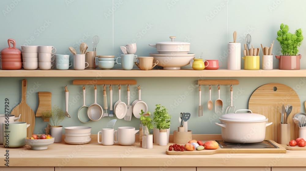 A visually appealing composition showcasing a neatly organized kitchen workspace with pastel-colored cookware and utensils, background image, AI generated A visually appealing composition showcasing a neatly organized kitchen workspace with pastel-colored cookware and utensils, background image, AI generated