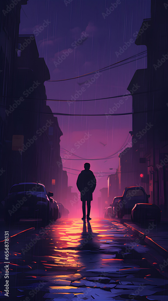 Cyberpunk wallpaper of a silhouette man alone in the city Cyberpunk wallpaper of a silhouette man alone in the city