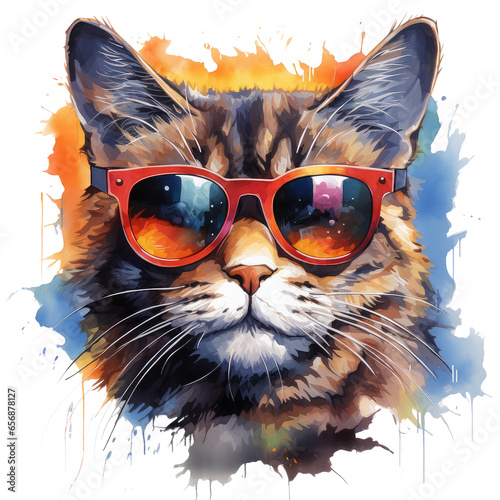 cat wear sunglasses watercolor © Little
