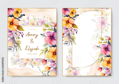 Wedding seasonal flower elegant wedding invitation with floral frame yellow purple violet buttercups