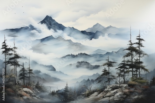 aerial shot of mountains in fog