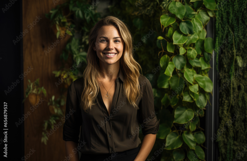 Businesswoman at her green startup workplace Businesswoman at her green startup workplace