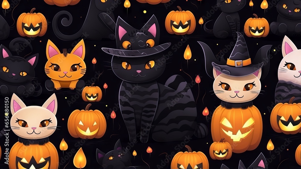 Cute Halloween cats and decorations on black background - seamless vector pattern
