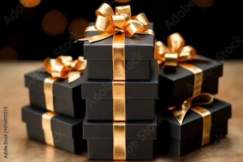 Black Friday presentation Front view of gift boxes with elegant golden ribbons © NBXt