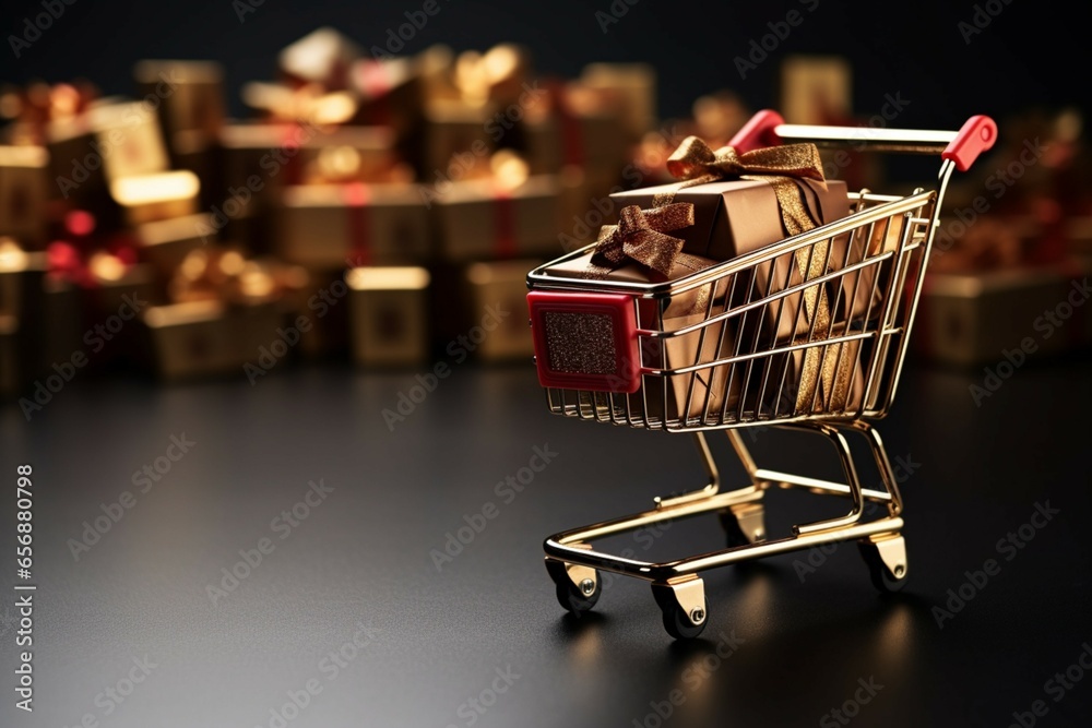 Copy space available alongside gifts inside a stylish golden shopping cart