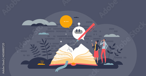 AI writing and artificial intelligence usage for typing tiny person concept. Artificial intelligence as effective and smart automation tool for copywriters and content creators vector illustration.