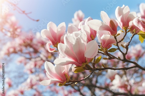 Blooming yulan magnolia flowers on a sunny spring day, awakening nature. Generative AI photo