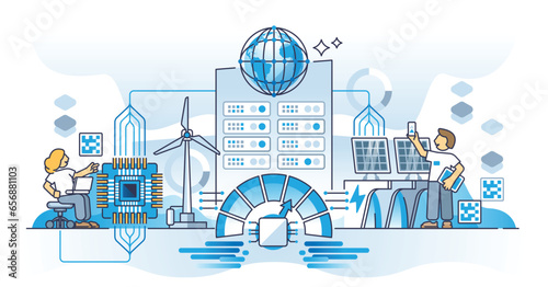 Data empowered world with big information processing amount outline concept. Digitization and connection with internet communications vector illustration. IT industry with digital cloud systems.