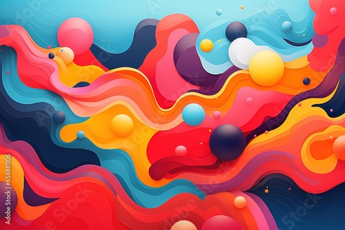 Wavy dance of bright colors intertwining with floating spheres against navy background