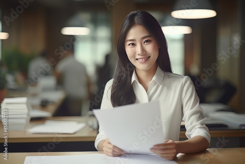 Portrait of Happy Asian Woman Manager Holds Paper in Modern Office, Smiling Female Holding CV for Job Interview, Bueatiful Accountant with Financial Reports Paper