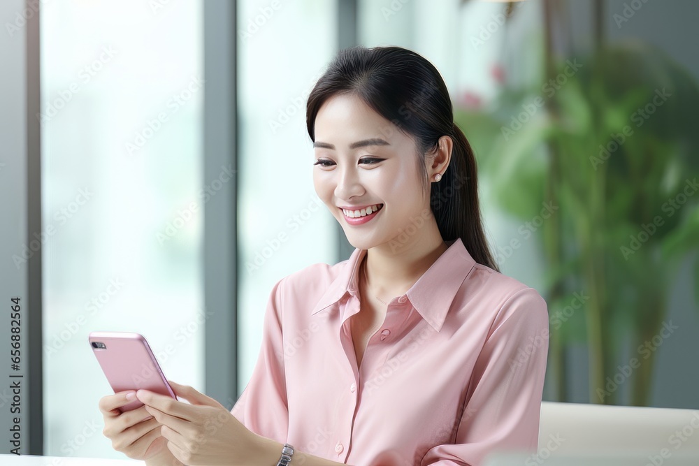 Portrait of Happy Asian Woman Holds Smartphone in Modern Office, Smiling Female Shopping Online, Bueatiful Manager Working Financial Reports with Mobile Application Portrait of Happy Asian Woman Holds Smartphone in Modern Office, Smiling Female Shopping Online, Bueatiful Manager Working Financial Reports with Mobile Application