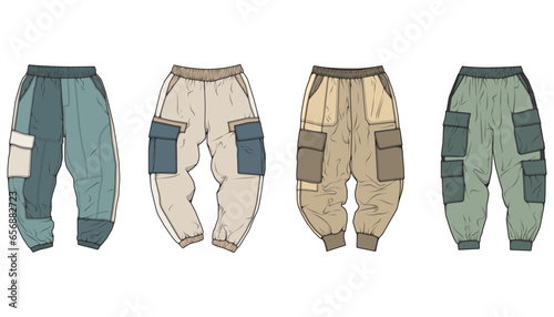 Cargo Pants colorful fashion hand drawing technical  template. Cargo pocket fashion mockup for training.