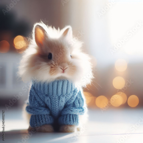 A cozy and cute fluffy bunny wearing a warm knit blue sweater, surrounded by natural light, generative AI
