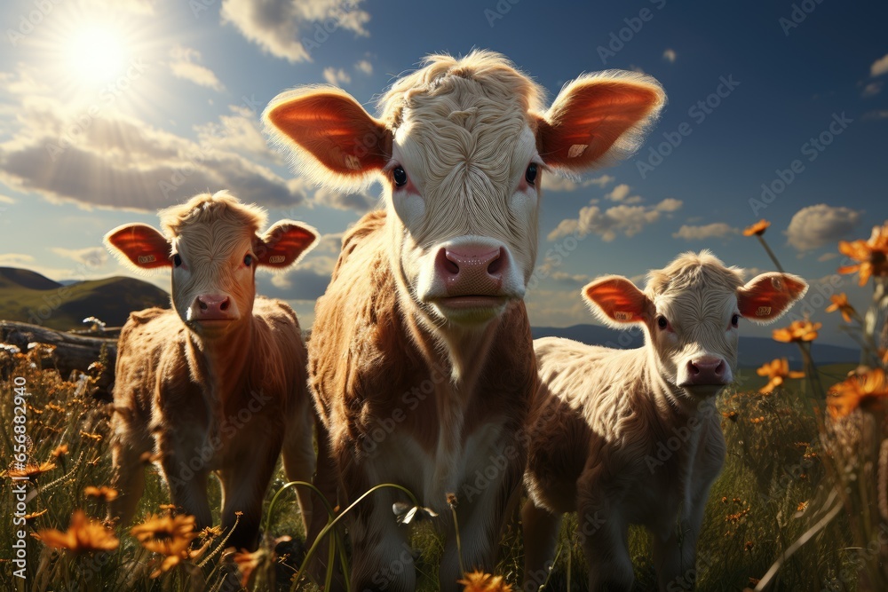 A cowherd raises cows happily farm wide pasture. products from cows for sale meat , milk, cheese, butter