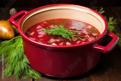 a large red clay pot filled with borscht photo