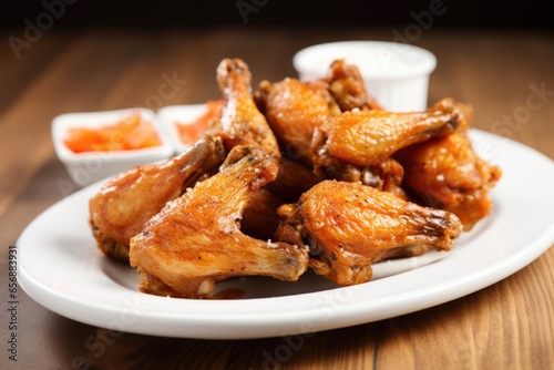 chicken wings in hot sauce on a white plate