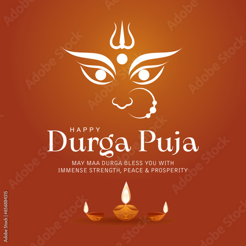happy durga puja festival banner design in light background with goddess durga face illustration