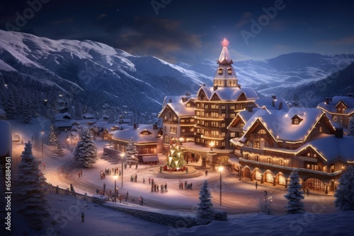 Christmas in the winter village in the mountains. Christmas and New Year holidays background. ai generative