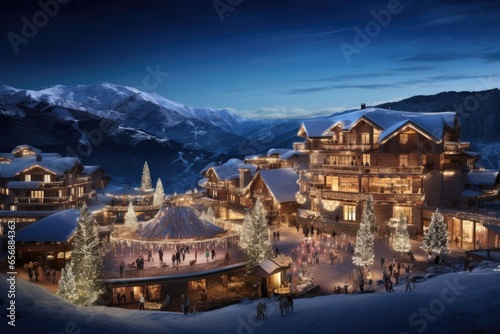 Christmas in the winter village in the mountains. Christmas and New Year holidays background. ai generative © mariof