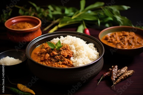 overview of madras curry with basmati rice in a bowl