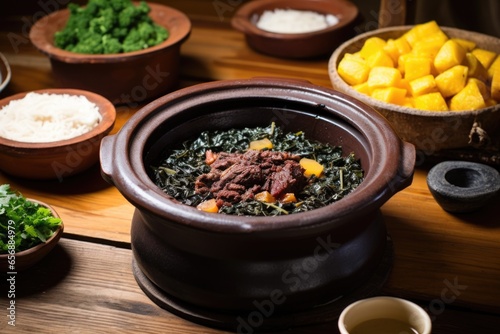 clay pot of feijoada placed on a rustic wooden table
