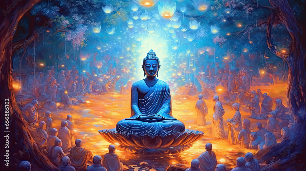 Buddha delivering teachings, Makha Bucha Day. Generative Ai