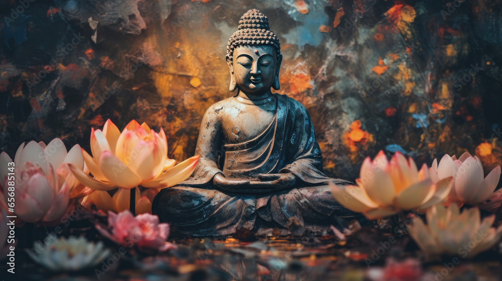 Glowing Lotus flowers and gold buddha statue in nature. Generative Ai - obrazy, fototapety, plakaty 