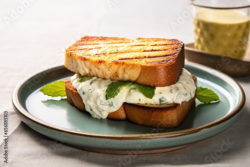 grilled fish sandwich with tartar sauce on a ceramic plate