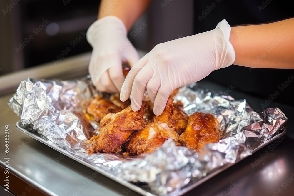 hand wrapping fried chicken pieces in foil for takeaway