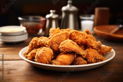 plate filled with crispy fried chicken pieces on a wooden table