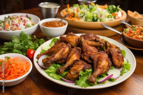 fried chicken wings spread over a bed of vegetable salad