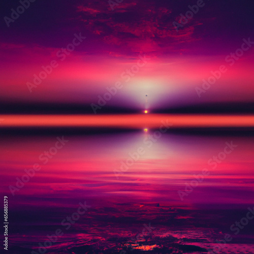 Synthwave sunset reflecting on the sea, a surreal dreamscape. 