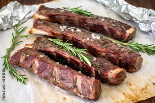 grilled lamb ribs with herbs like rosemary and rounds of garlic on parchment paper