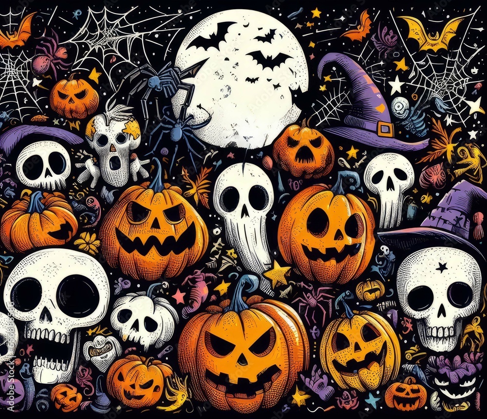 Halloween background with pumpkins and witch hat. Generated by AI Halloween background with pumpkins and witch hat. Generated by AI
