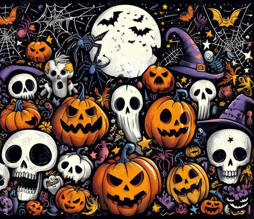 Halloween background with pumpkins and witch hat. Generated by AI