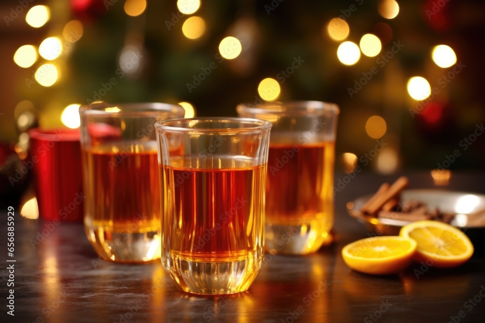 hot toddy glasses with holiday candles in the background hot toddy glasses with holiday candles in the background